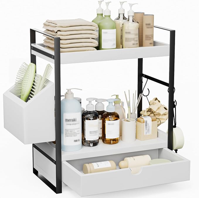2-Tier Bathroom Counter Organizer, Wooden Vanity Shelf with Drawer & Basket | Pre-Drilled Holes, Skincare & Makeup Countertop Organizer and storage, White by Unknown