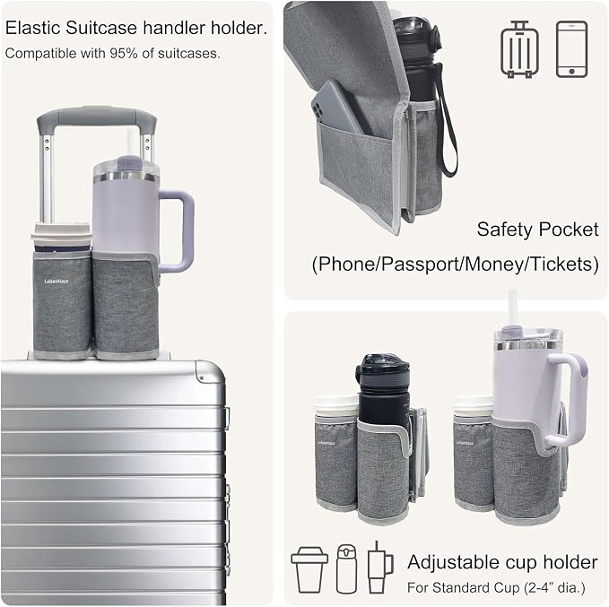 2 in 1 Luggage Cup Holder for Suitcase Airplane Drink Carrier Travel Gray | Airplane cup holder|for stanley cup|Hands Free|Coffee Beverage Organizer Gifts for Travelers - Image 3