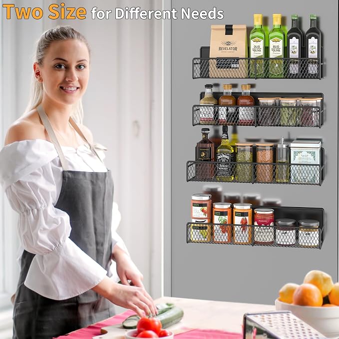 DTUQYX Magnetic Spice Rack for Refrigerator, 4 Pack 100% Metal Strong Magnet Fridge Shelves, Space Saving Spice Organizer, No Drilling Moveable Home Kitchen Laundry Room Storage Organization, Black - Image 4