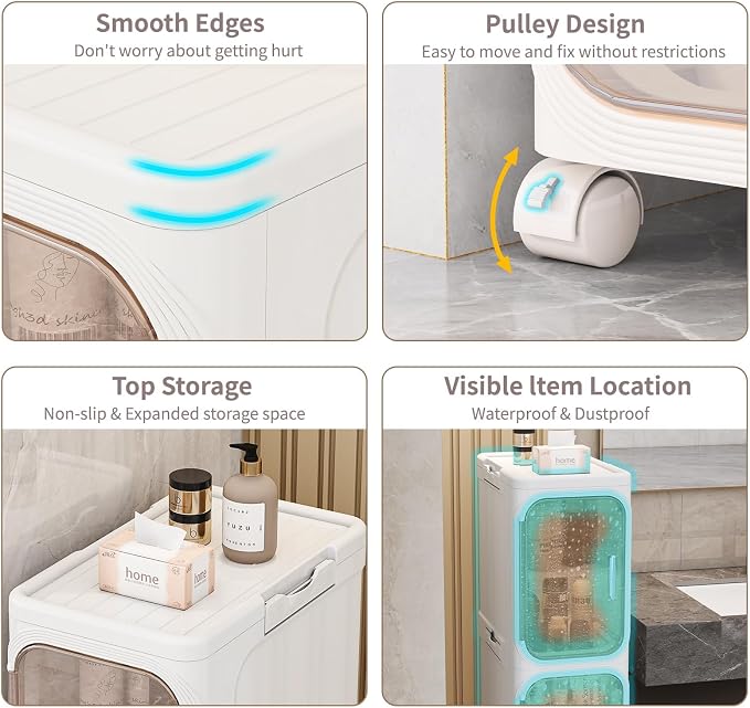4 Tier Slim Bathroom Storage Cabinet, Foldable and Movable, Beige | Tools Free, ABS and PET, Magnetic Clear Door, Adjustable Shelves, Lockable Wheels, Water Resistant, For Narrow Space - Image 3