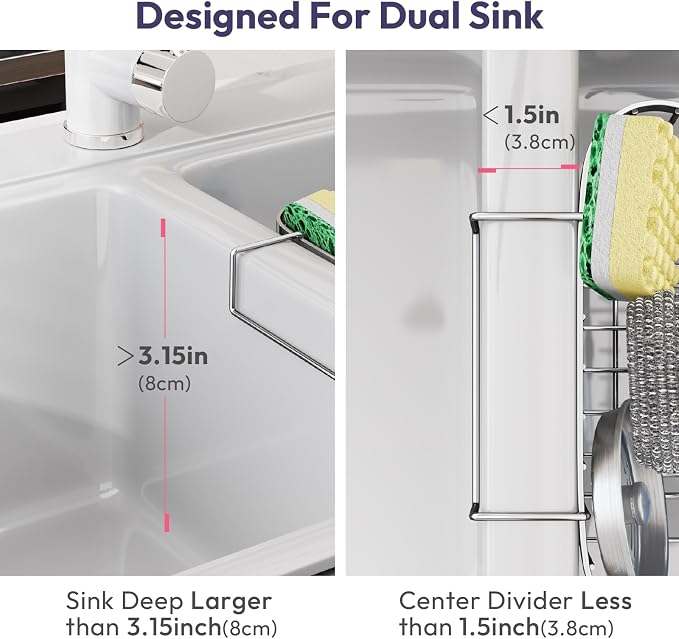 SWTYMIKI Sponge Holder for Kitchen Sink - Movable Kitchen Sink Caddy with M Shape Hook Stainless Steel Hanging Sponges Caddy Organizer in Double Bowl Sinks Depth>3.15in, Middle divider<1.5in, Silver L - Image 2