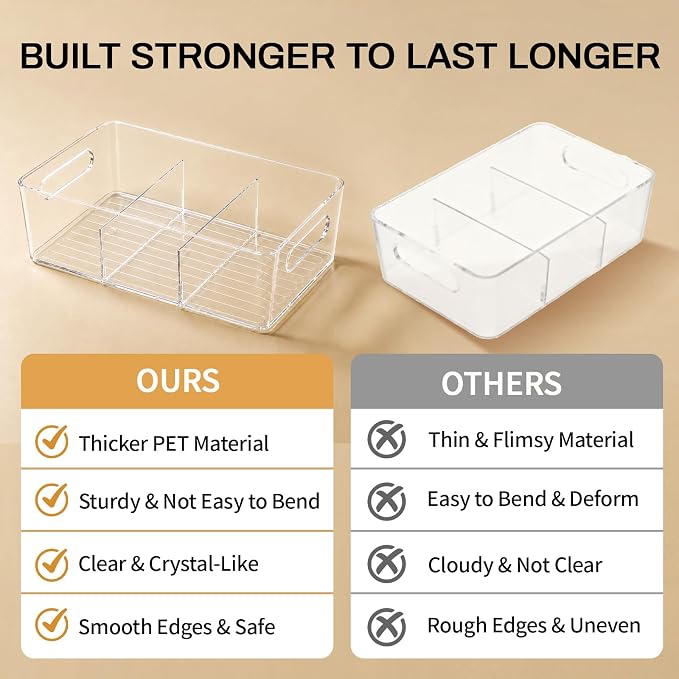 Mpotmiy 4-Pack Pantry Organizers and Storage, Clear Fridge Organizer Bins | Clear stackable plastic bins with removable dividers for packets, snacks, pouches and spices in pantry, fridge or freezer. - Image 9
