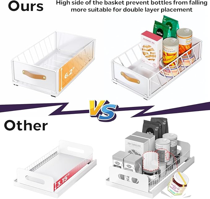 Pull out Cabinet Organizer,Heavy Duty Slide out Pantry Shelves Drawer Storage with Adhesive Nano Film,Sliding Mesh Cabinet Basket with Handle for Kitchen, Bathroom, Home, 13.8"W X 21"D X 6.2"H,White - Image 5