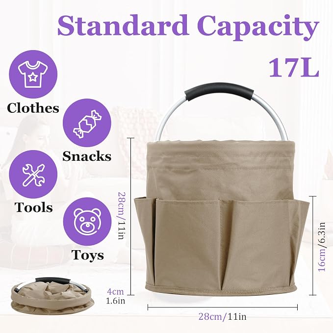17L Cleaning Supply Caddy with Soft Handle, Portable Shower Caddy in 600D Oxford Fabric, Garden Tool Organizer Bag, Multifunctional Storage Basket for Bathroom, Garden, Khaki - Image 2
