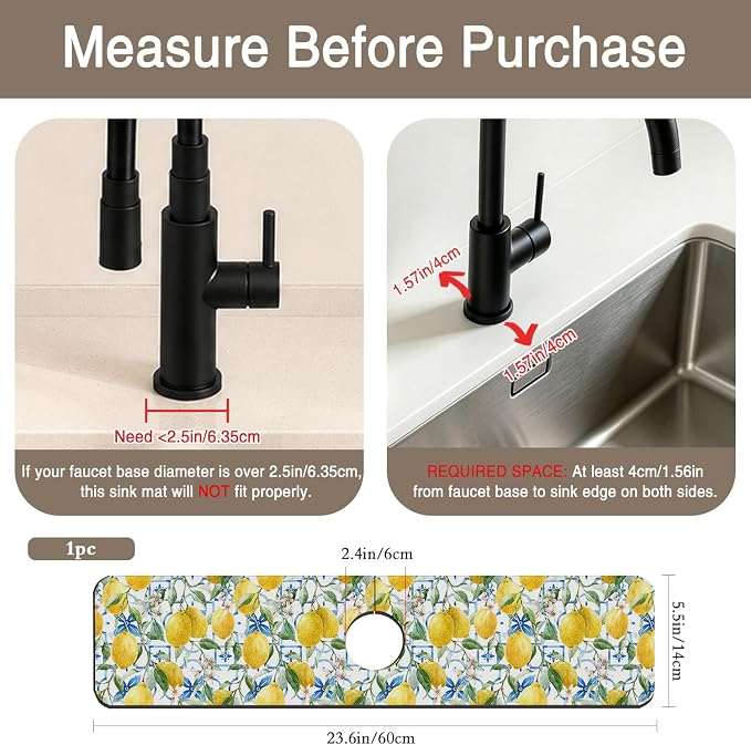 Faucet Mat for Kitchen Sink Watercolor Lemon Blue Geometric Sink Splash Guard Behind Faucet Soft Diatom Mud Material Non-slip Easy to Clean for Bathroom & Kitchen 24"X5.5" - Image 2
