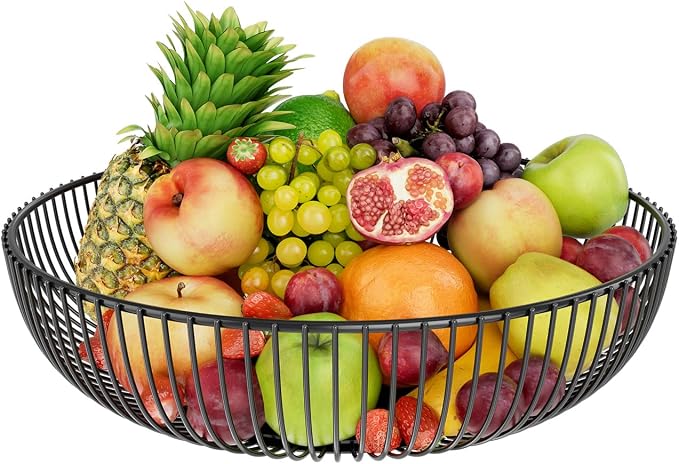 Simple Trending Round Metal Fruit Basket Bowl for Kitchen Counter - Rust-Proof, Non-Slip & Breathable Wire Organizer for Fruits, Veggies, Snacks, Black (11“ Diameter x 3.2” H) by SimpleTrending