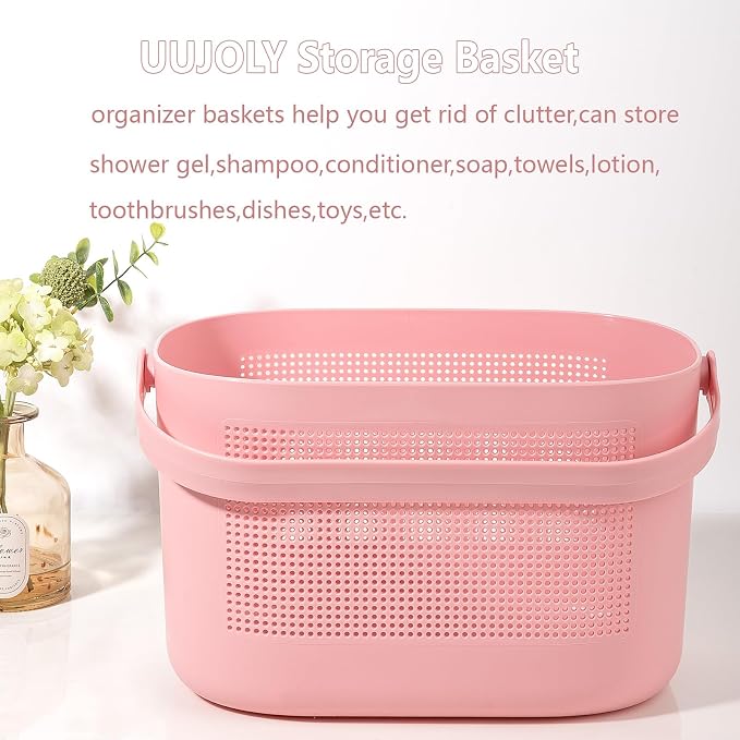 Plastic Portable Shower Caddy Basket, Storage Organizer with Handle, Pink | Bottom Drain Holes, Keep Dry, Sturdy and Durable, Easy to Carry for Bathroom, Kitchen, Dorm Room, RV, College - Image 2