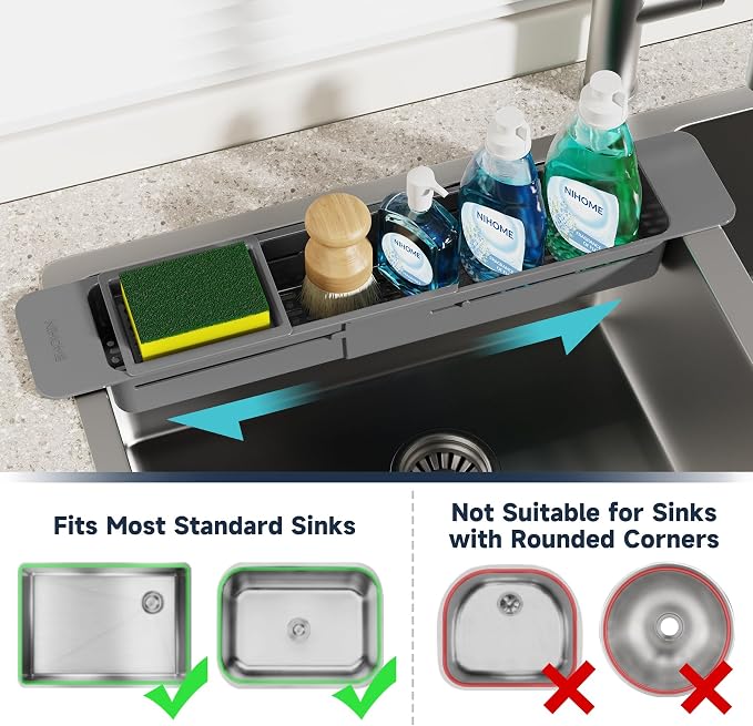 NiHome Extendable Kitchen Sink Caddy Extra Long Brush Sponge Storage Holder | Expandable Kitchen In Sink Organizer Extra Long for Brush Sponge with Drainage, Adjustable Length Non-Slip Pads (Dark Gray) - Image 5