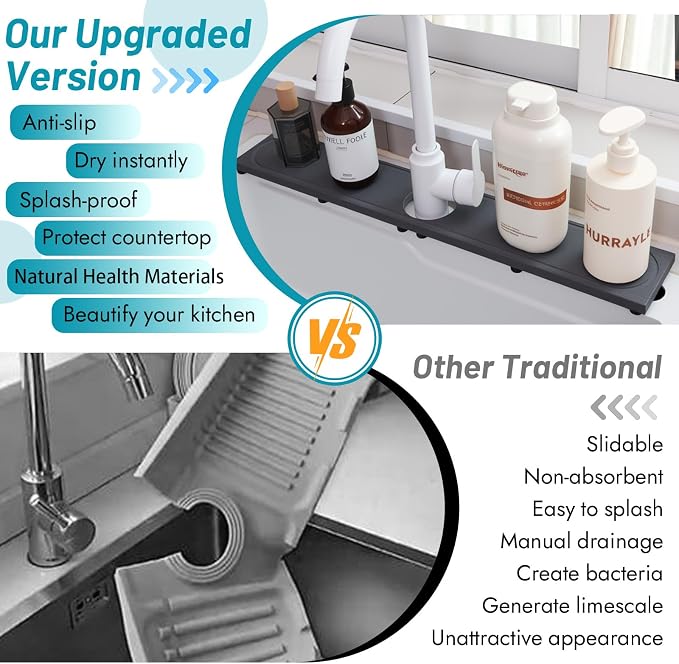 Faucet Mat for Kitchen Sink with Raised Feet, Fast Drying Diatomite Stone Sink Tray, Water Absorbent Faucet & Sink Splash Guard, Prevents Moisture Buildup, Durable Protector for Bathroom Counter - Image 5