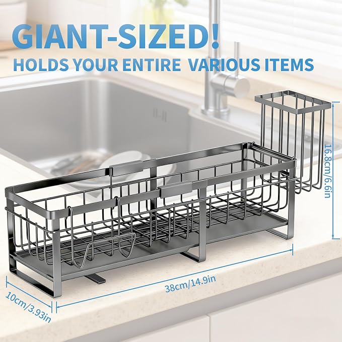 Extra Large Extendable Sponge Holder for Kitchen Sink Caddy Organizer | Rustproof Sink Caddy Organizer with High Brush Holder, Dish Soap Dispenser Organizers and Storage (Black) - Image 2