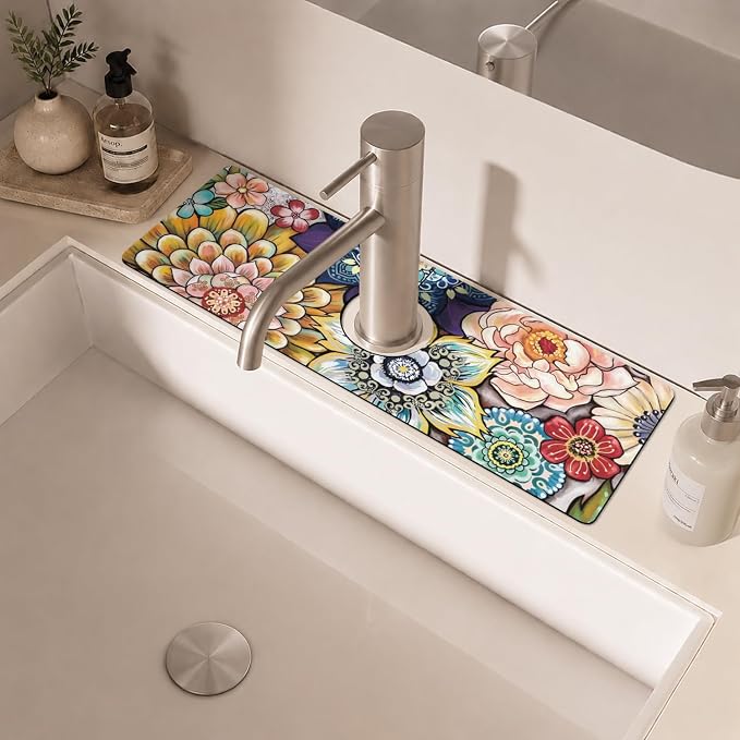 Boho Colorful Mandala Flower Kitchen Sink Splash Guard Faucet Mat,Faucet Non-Slip Absorbent Mat,Farmhouse Sink Splash Guard Behind Faucet for Kitchen Bathroom, 15"x5.5" - Image 6