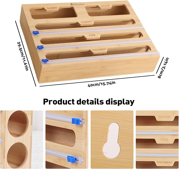 APSARAS USA 5 in 1 Bamboo Foil and Plastic Wrap Organizer for Kitchen Drawer, Ziplock Bag Organizer, Saran Wrap Dispenser with Cutter, Plastic Bag Organizer, Food Storage Bag Organization - Image 3