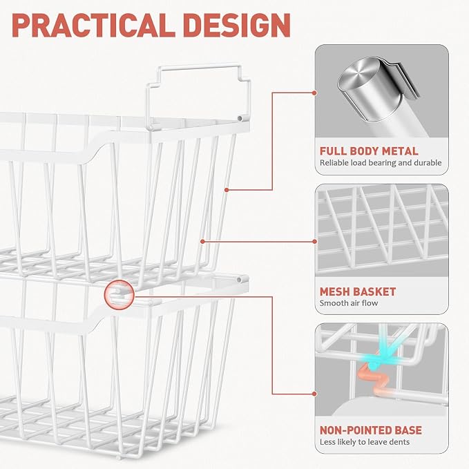 Goovilla Freezer Organizer Bins for 5-7 Cu.FT Chest Freezer, 4 Pack White | Foldable Handle Stackable Freezer Baskets, Coated Metal Freezer Storage Bins with Better Space Utilization, Deep Organization - Image 2