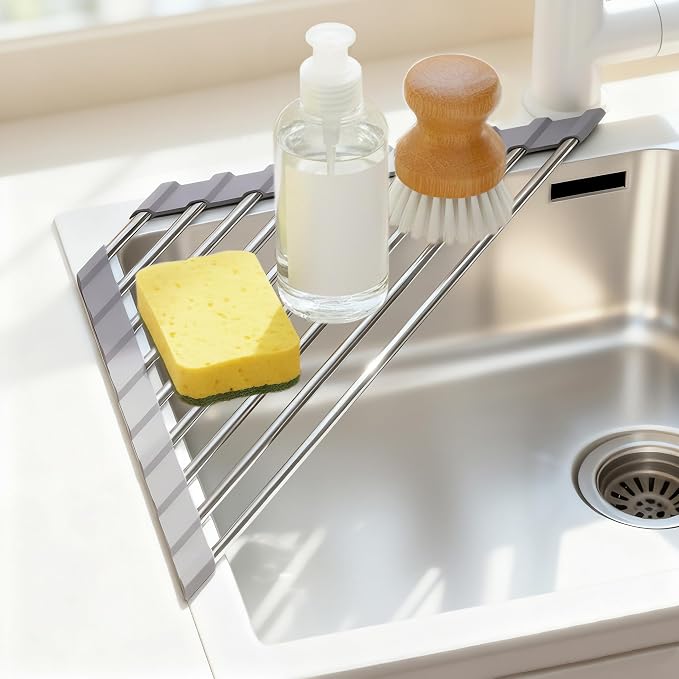 OYEWALLS Corner Sink Roll Up Triangular Dish Drying Rack, Small Multipurpose Stainless Steel Corner Shelf Over the Sink, Kitchen Drainer & Organizer for Space-Saving Storage by Unknown