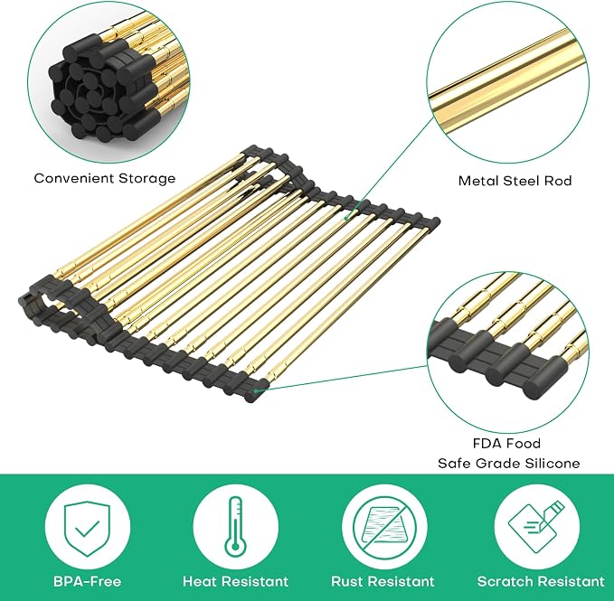 Large Telescopic Draining Rack, Gold Roll Up Heat-Resistant Dish Drainer for Stainless Steel Sinks, Non-Slip Silicone Rolling Dish Drainer Roll Rack 18 tube12.59-21.25x12.79'' - Image 2