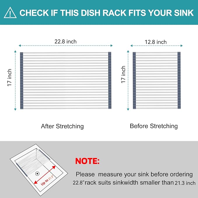 BBXTYLY Extra Large Expandable Roll Up Dish Drying Rack,Over The Sink Drying Rack Sink Cover Kitchen Sink Accessories Kitchen Rolling up Stainless Steel Drainer, Foldable,Rollable（Gray，22.8'-17.3''） - Image 2