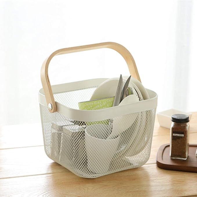 AJIODA Metal Mesh Steel Basket, Storage Organizer Basket Multi-functional Hanging Kitchen Baskets Fruit Basket Bin with Bamboo Handle for Kitchen Bathroom Picnic Shopping Decor Cabinet Home, White - Image 6