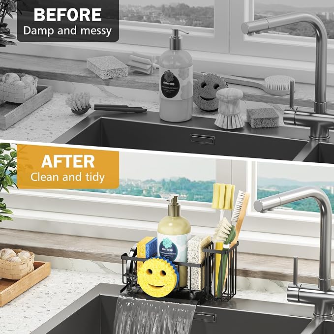 Epicano Sink Caddy Sponge Holder, Smiley Face Sponge Rack with High Brush Holder,Rustproof Kitchen Countertop Organizer,Kitchen Gadgets Sink Accessories, Black - Image 7
