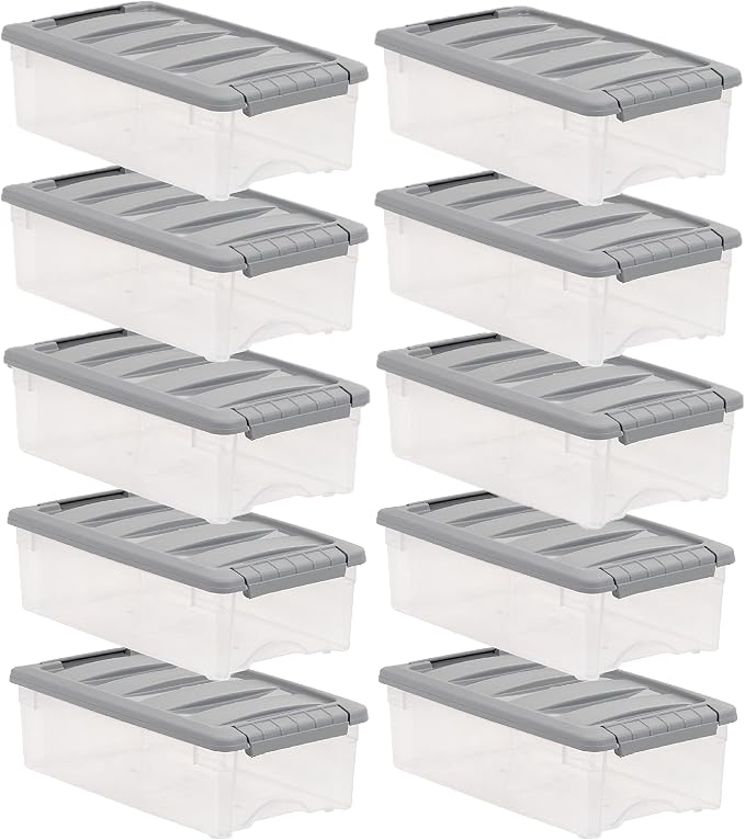 Amazon Basics Plastic Storage Containers with Secure Latching Lids, Stackable Organization Bins, Clear/Grey, 5 Quart, Set of 10 by AmazonBasics