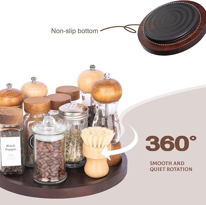 Wood Lazy Susan Organizer Kitchen Turntable for Cabinet Farmhouse Bathroom Decor Round Decorative Tray for Vanity, Counter, Sink, Coffee Table, 10 Inch, Walnut | waterpoof, East clean, Non-slip, Pantry Table Decorative Tray for condiment, spice - Image 4