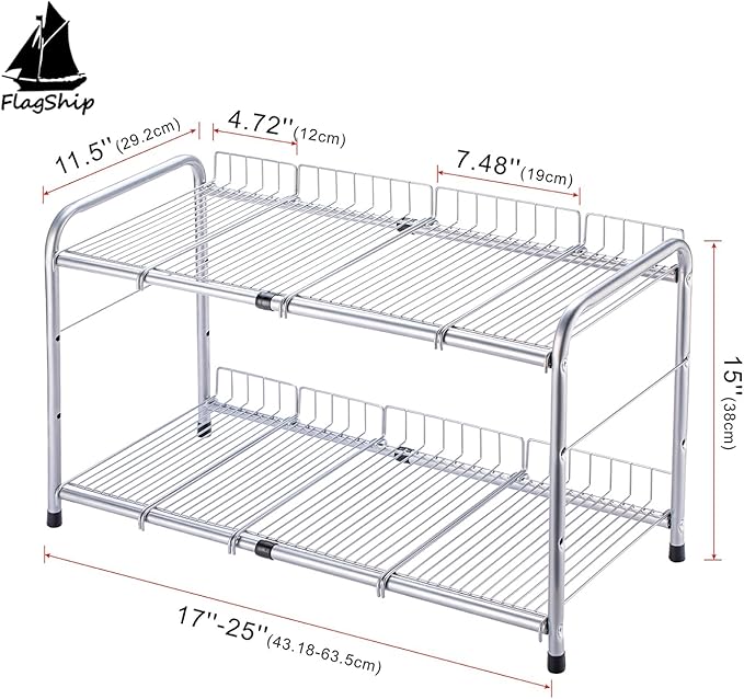 FlagShip 2 Tier Under Sink Organizers and Storage Rack Expandable Cabinet Shelf for Kitchen Bathroom Silver (17-25 inches) - Image 2