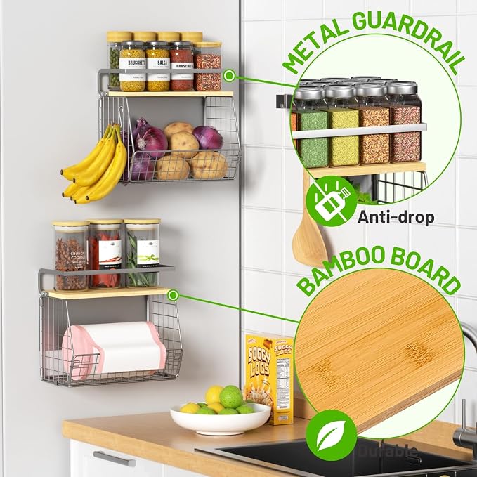 Magnetic Shelf for Fridge with Wood Lid, Fruit Potato and Onion Storage Bins, Pantry Organizers & Storage, Large Container Magnetic Spice Rack for Refrigerator, Kitchen Counter (Silver-gray, 1) - Image 2