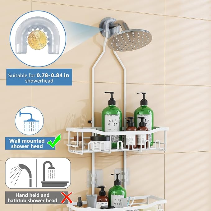 Upgraded Extended Length Shower Organizer with Hooks, Rustproof Shampoo Soap Holder, Large Hanging Bathroom Caddy, White - Image 4