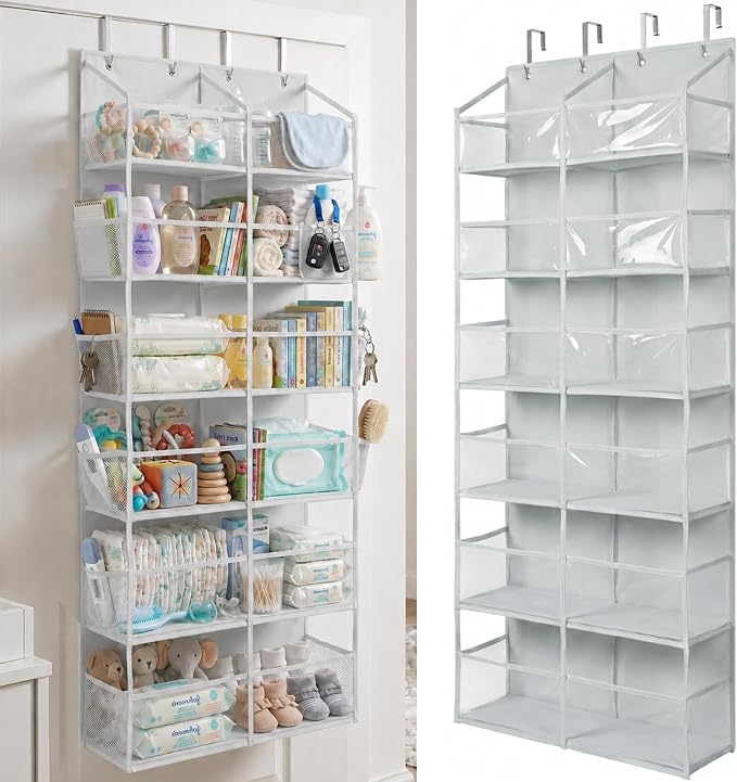 Over the Door Organizer, 6-Tier XL, 100D Fabric, Transparent | Extra wide over the door organizer, 65 lb capacity, 12 side mesh pockets, heavy-duty 100D fabric, bedroom & nursery storage by HomeluxTheory