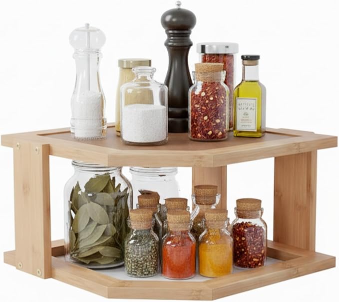 2-Tier Bamboo Corner Shelf for Kitchen or Bathroom Cabinet, Countertop, Cupboard Storage and Organizer, Natural Wood Space Saving Rack by Lavish Home by LavishHomeCollection