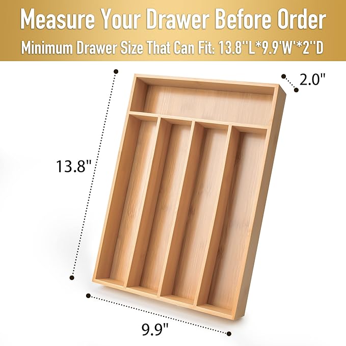 Besilord Silverware Organizer Kitchen Drawer Organizer Utensil Organizer Bamboo Silverware Holder Cutlery Organizer in Drawer Flatware Organizer Tray(5 slots, Natural - Image 2