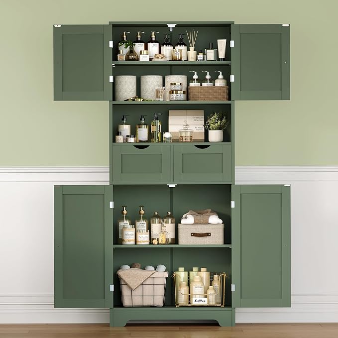 Iwell 58" H Tall Bathroom Storage Cabinet with 2 Drawers & 2 Adjustable Shelves, Bathroom Cabinet with 4 Doors, Tall Cabinet for Living Room, Dining Room, Entryway, Forest Green - Image 7