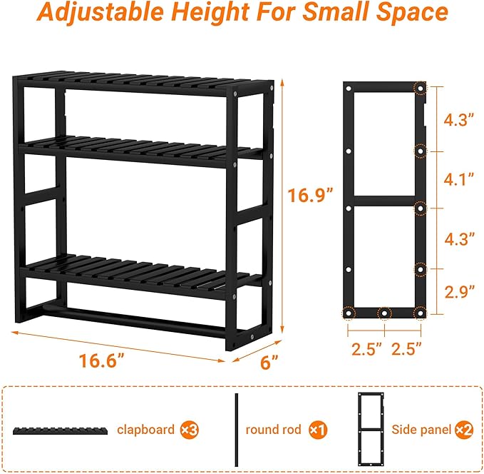 PPN Towel Rack Bathroom Storage Shelves Over The Toilet with Towel Bar 100% Bamboo Adjustable Height Floating Shelf Wall Shower Shelf for Small Space Bathroom Kitchen Multi Usage (Black-1Pack) - Image 7