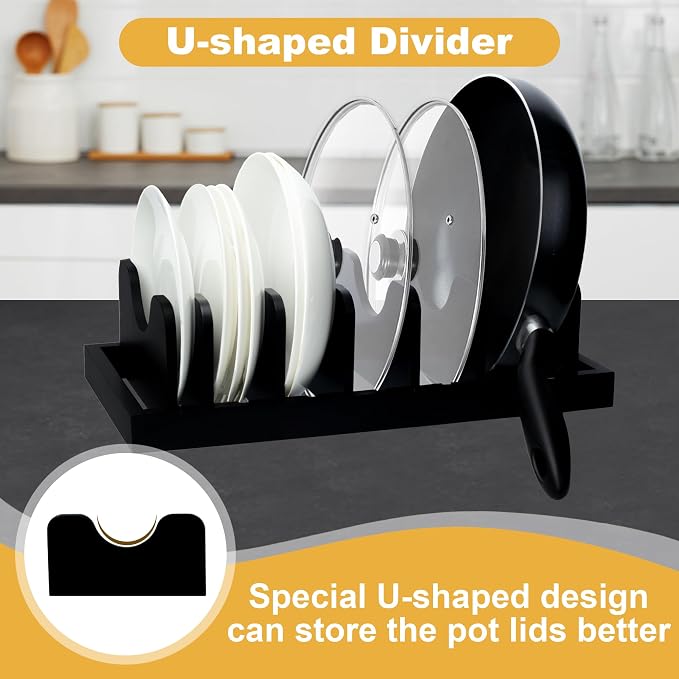 MinBoo Bamboo Pot Lid Organizer Pot Lid Holder, Pot and Pan Organizer Drawer Organizer for Pot Lids, Pans, Cutting Boards & Baking Sheets, Dinner Plates, Reusable Containers in Cabinet Storage,Black - Image 2