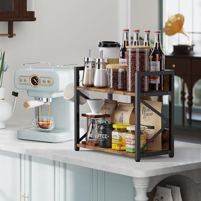RUILALIFE Coffee-Bar-Station-Organizer Shelf for Countertop, 2 Tiers Kitchen Counter Shelf Riser, Wooden Spice Rack Organizer, Coffee Bar Accessories(Rustic Brown, Large) - Image 2