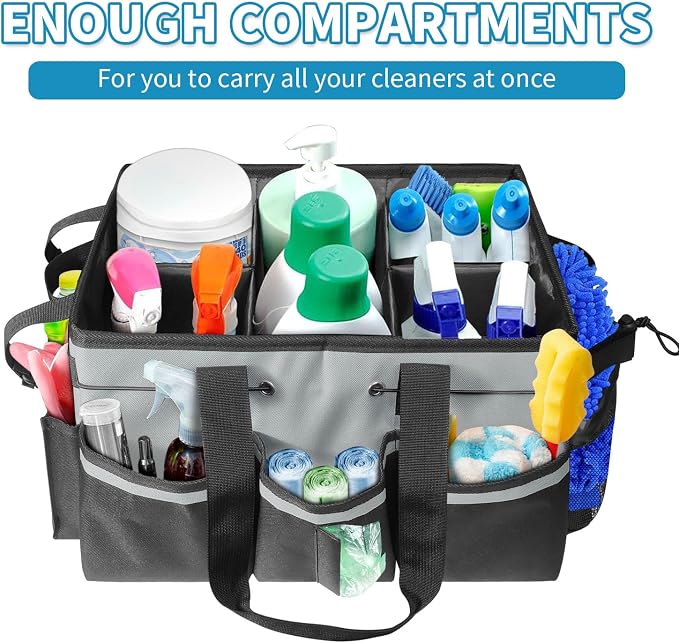 Cleaning Tool Organizer Bag with Handles, Cleaning Caddy, Grey | Cleaning Bag for Housekeepers,Detachable Shoulder Strap & Dividers, for Car Detailing, Housekeeping, Cleaners - Image 7