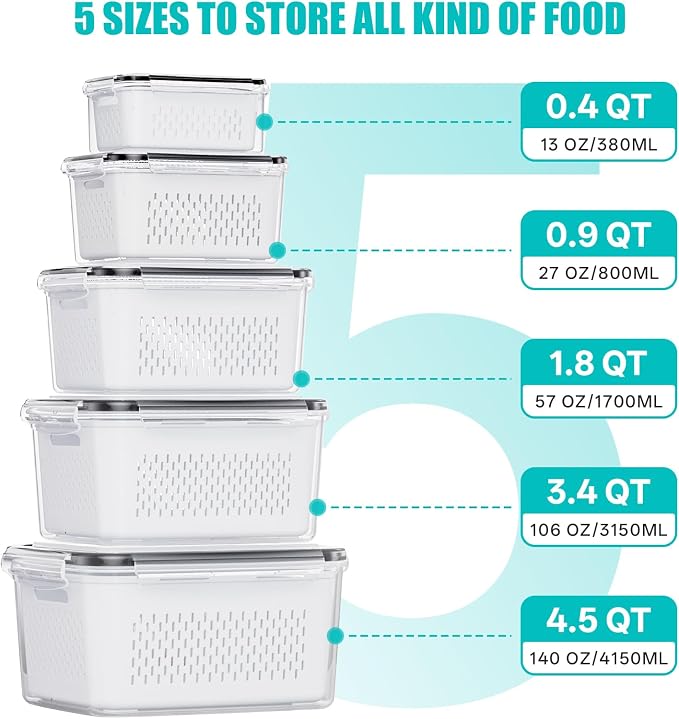 HOMETALL 5 Pack Fruit Storage Containers for Fridge Set, Fruit Washing Bowl with Strainer, Reusable Fridge Organizers and Storage for Berry Salad Lettuce, Size 4.5, 3.4, 1.8, 0.9, 0.4QT - Image 3
