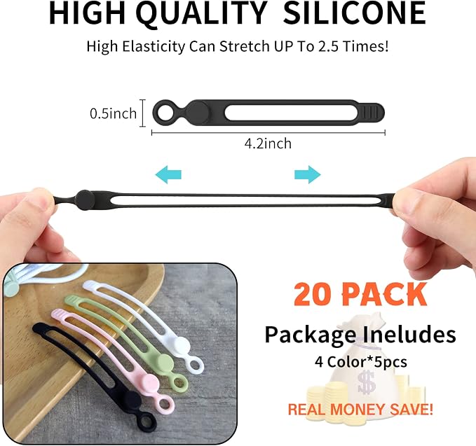 UMUST 20Pcs Silicone Cable Ties, Cable Management Cord Organizer Multicolor | Reusable Cord Ties, Cable Strap Tie for Bundling Electronics Wire,Home Office Travel Essentials Accessories 4.2inch - Image 2