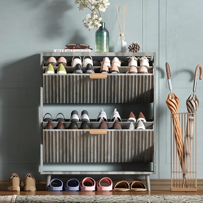 Shoe Cabinet Storage,Modern Freestanding Organizer with 2 Flip Drawers,Narrow Shoe Rack Cabinet for Entryway,Grey by QIVOMIX