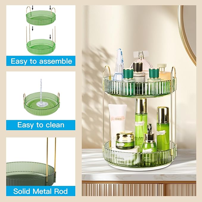 360 Rotating Makeup Organizer, 2 Tier Lazy Susan Bathroom Counter Organizer, Skincare Organizers, Spinning Perfume Organizer & Vanity Organizer Countertop (Gem Green, 2 Tier) - Image 4