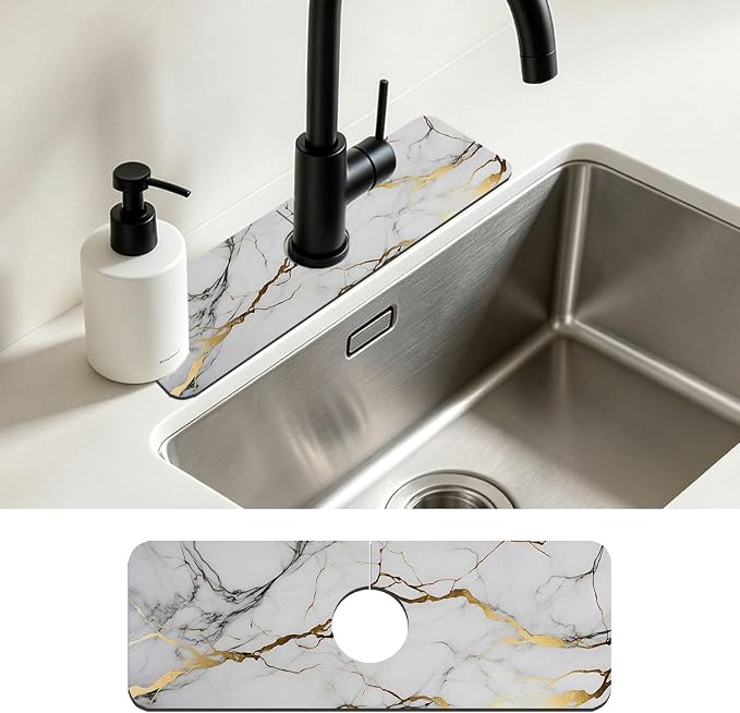 Faucet Mat for Kitchen Sink White Gold Marble Texture Sink Splash Guard Behind Faucet Soft Diatom Mud Material Non-slip Easy to Clean for Bathroom & Kitchen 15"X5.5" by Unknown