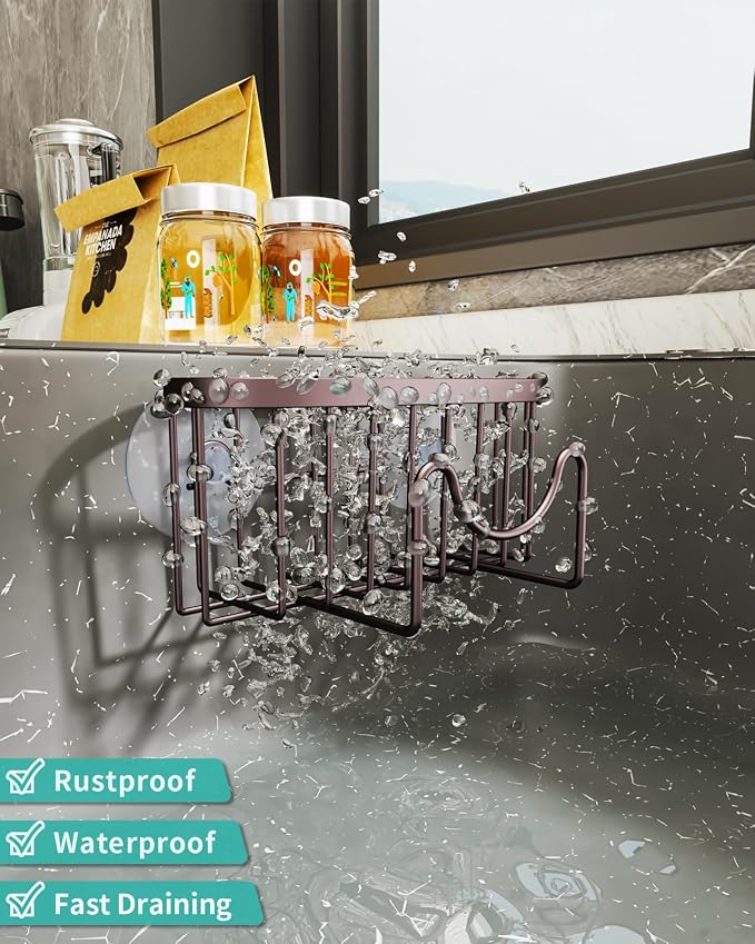 HapiRm Multifunctional Sponge Holder for Kitchen Sink with Unique M-Shaped, 2 Installation Methods Sink Caddy, Stainless Steel Kitchen Organizer for Sponge, Brush, Sink Stopper and Scraper -Bronze - Image 4