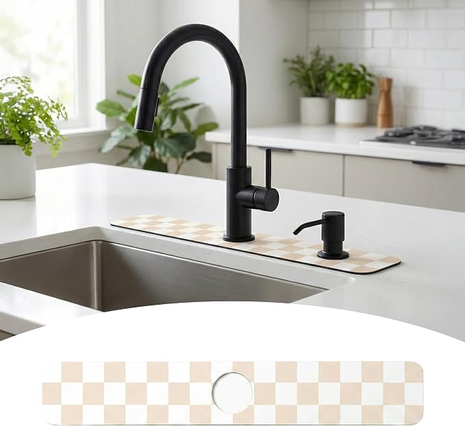 Cuttable Kitchen Sink Faucet Mat: 24" Lx4 W Splash Guard with Center Hole | Customizable Absorbent Non-slip Fabric Rubber Mat, Cut to Fit 2,3,4 Holes Irregular Sink with Soap Dispenser Air Gap by EazziSwitch