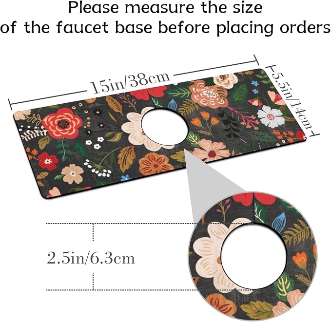 Boho Black Flowers Kitchen Sink Splash Guard Faucet Mat,Faucet Non-Slip Absorbent Mat,Farmhouse Sink Splash Guard Behind Faucet for Kitchen Bathroom, 15"x5.5" - Image 2