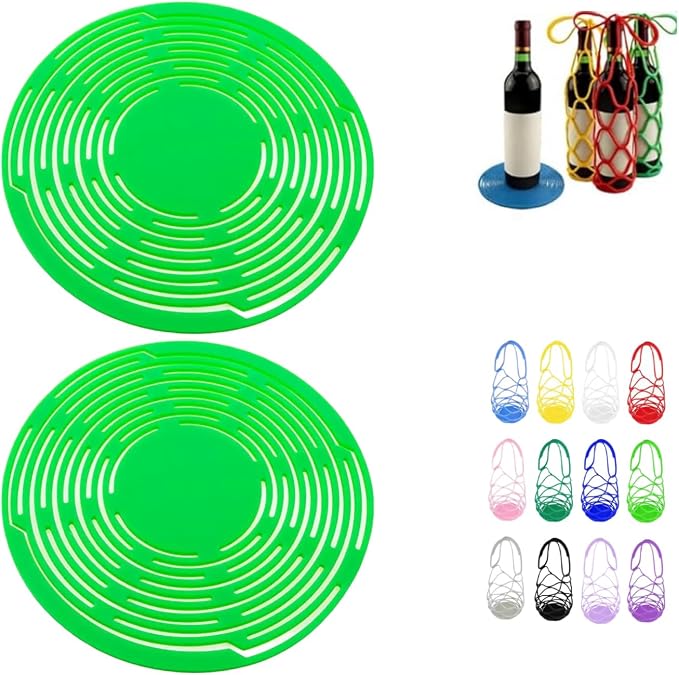Multi-Use Silicone Storage Bag & Organizer,Multifunctional Mesh Coaster,Silicone Wine Carrier,Reusable, Foldable, Portable Coaster for Wine Bottles,Cups, Hot Dishes,and Beverages(2pcs Light Green) by Unknown