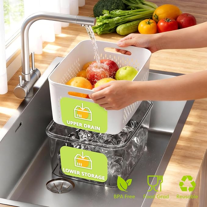 5 Pack Fruit Storage Containers for Fridge, Plastic Fruit Containers Set | with Removable Colanders, Leakproof Fridge Organizers and Storage for Berry Vegetables Salad Lettuce Meat, Dishwasher Safe - Image 2
