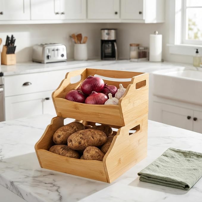 Cididu 2 Pack Bamboo Stackable Storage Bin, Countertop Open Front Stacking Bins, 2 Tier Organize Basket Box with Handle, Food Fruit Container for Cabinet, Kitchen, Studio, Office - Image 8