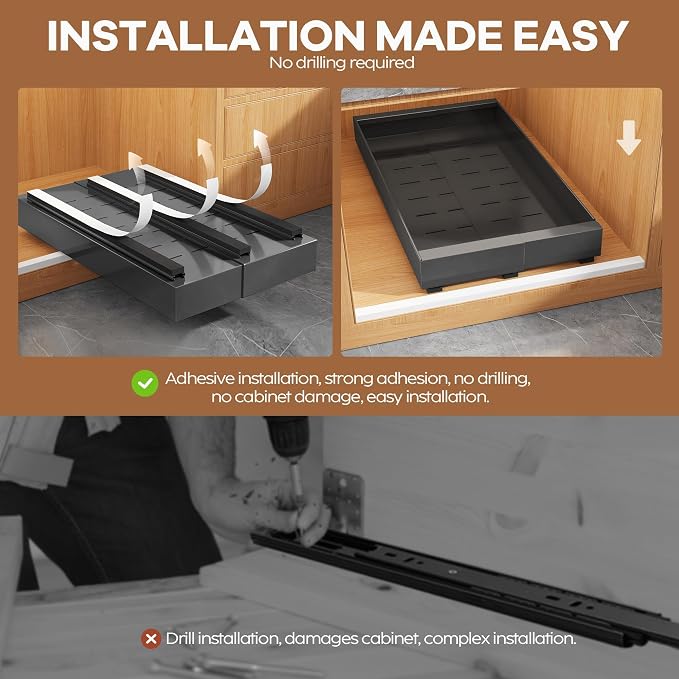Seinloes 4 Pack Expandable Pull Out Cabinet Organizer 21" Deep with Raising Pad for Framed Cabinets,Upgrade 3 Slide Rails Slide Out Drawers,Roll Out Shelves Adhesive,Adjustable Width 9"-14.1" Black - Image 7