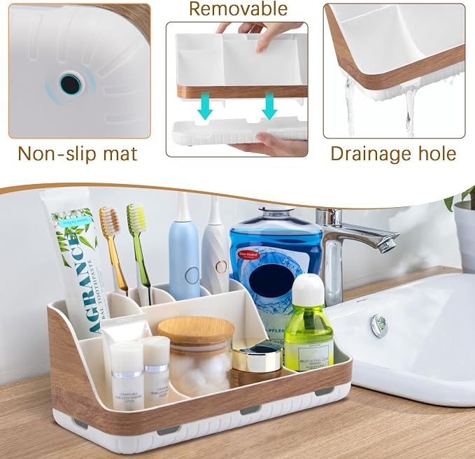 GFWARE Bathroom Countertop Organizer - Detachable 7 Slots Kids Electric Toothbrush and Toothpaste Holde Drainage for Bathroom Accessories Organization Counter Vanity Storage, Woodgrain - Image 4
