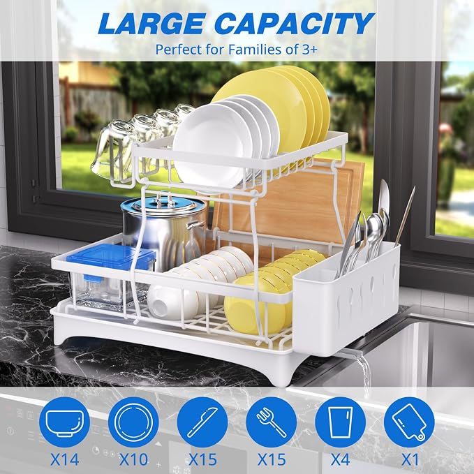 2-Tier Dish Drying Rack - Dish Rack with Auto Drain-to-Sink & Mat | Dish Racks for Kitchen Counter, Dish Drainer with Knife Fork & Cup Rack, Gifts for Women, Mothers Day, Kitchen Gadgets, White - Image 2