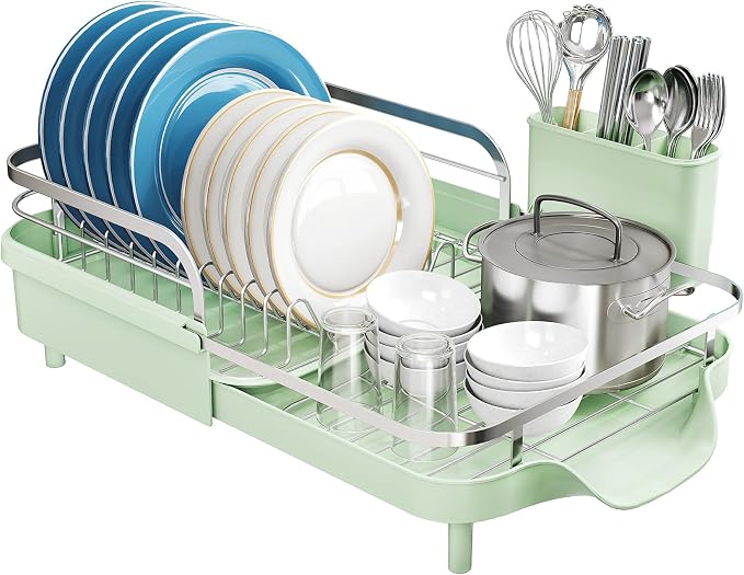 SNTD Expandable Dish Drying Rack for Kitchen Counter, 15.2-22.1 in, Green | Rust-Resistant Stainless Steel, Protective Side Rails, Self-Draining Drainboard, Removable Utensil Holder - Image 8